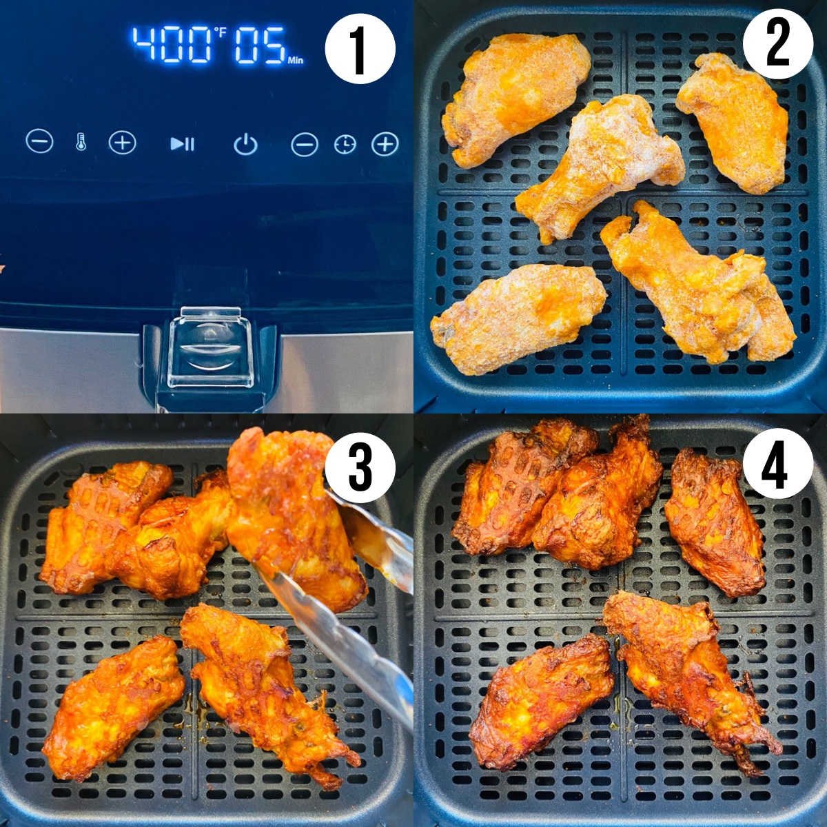 cooking frozen chicken wings in air fryer process shots 1 through 4