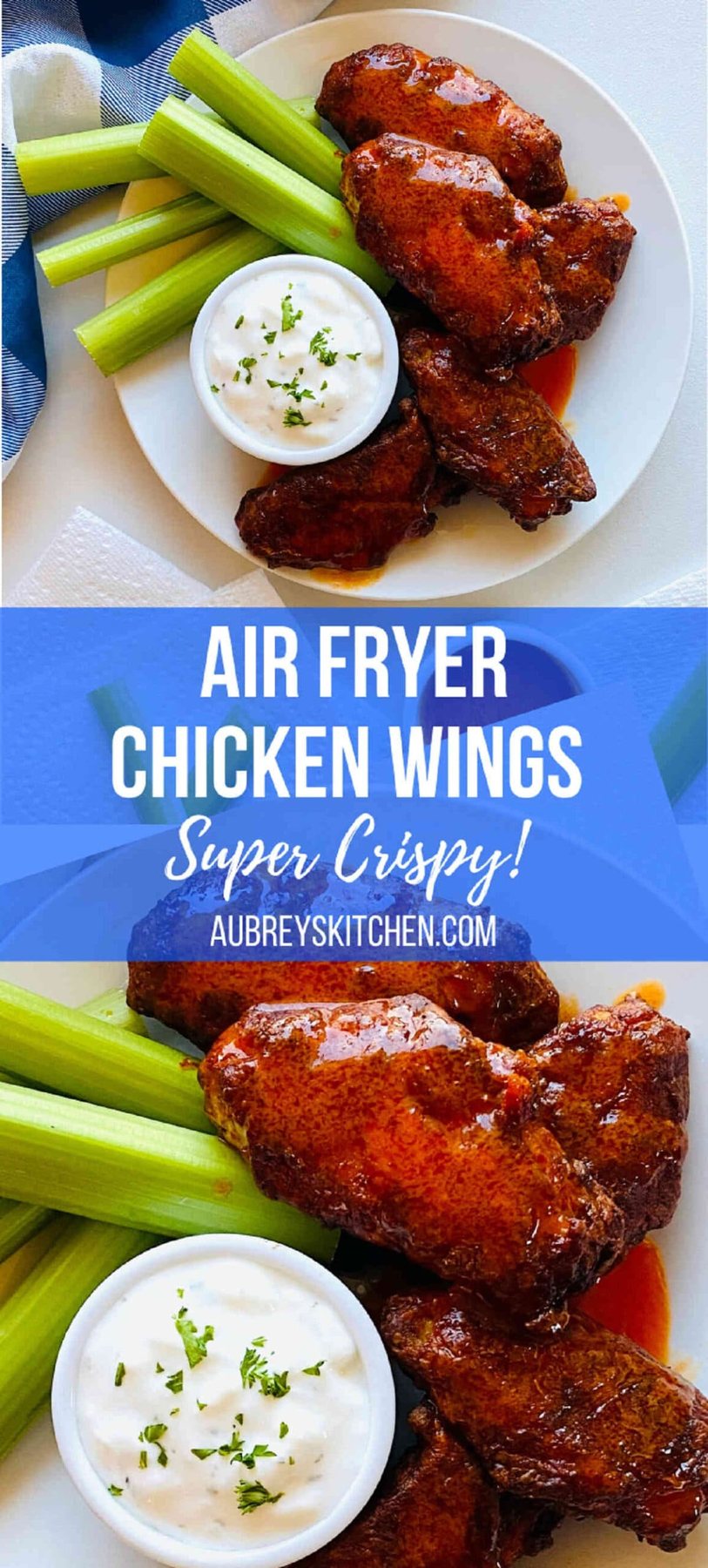 air fryer chicken wings on a plate next to celery and blue cheese