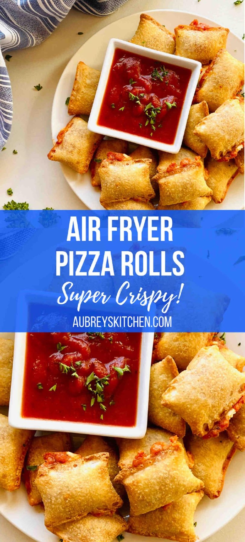 Air fryer pizza rolls on plate next to dish of marinara dipping sauce