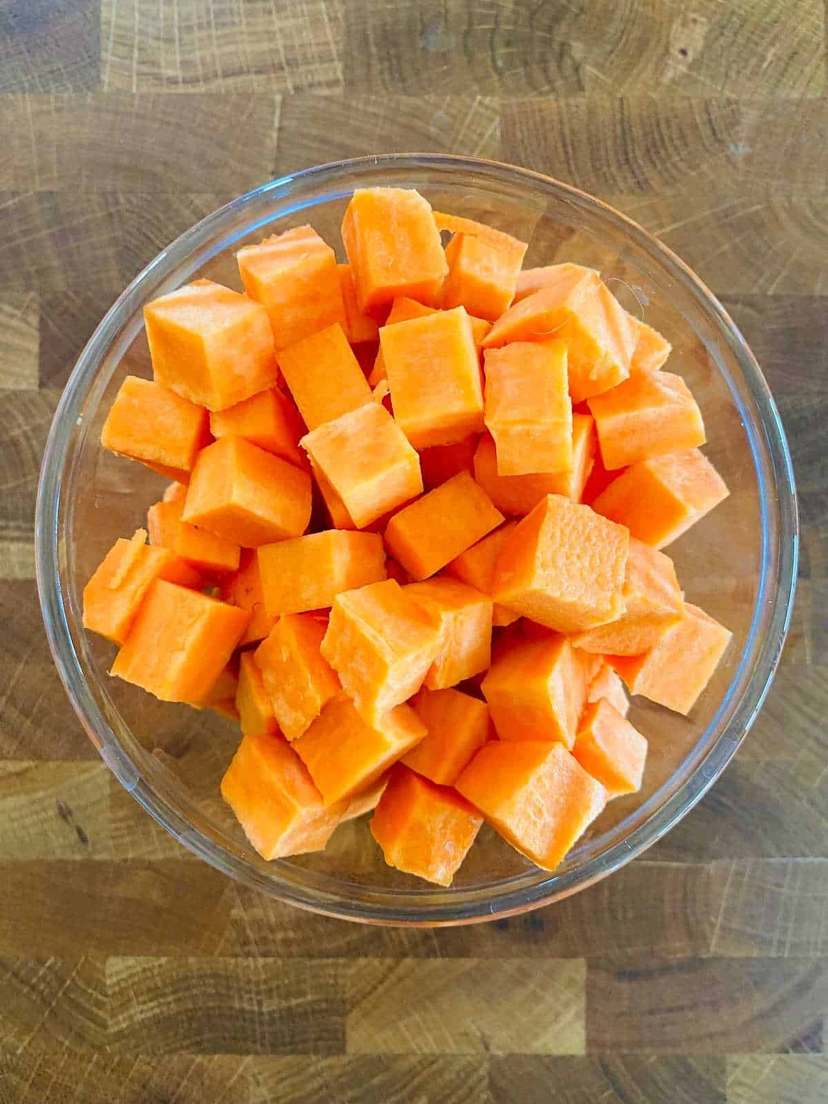 raw sweet potato cubes in a bowl