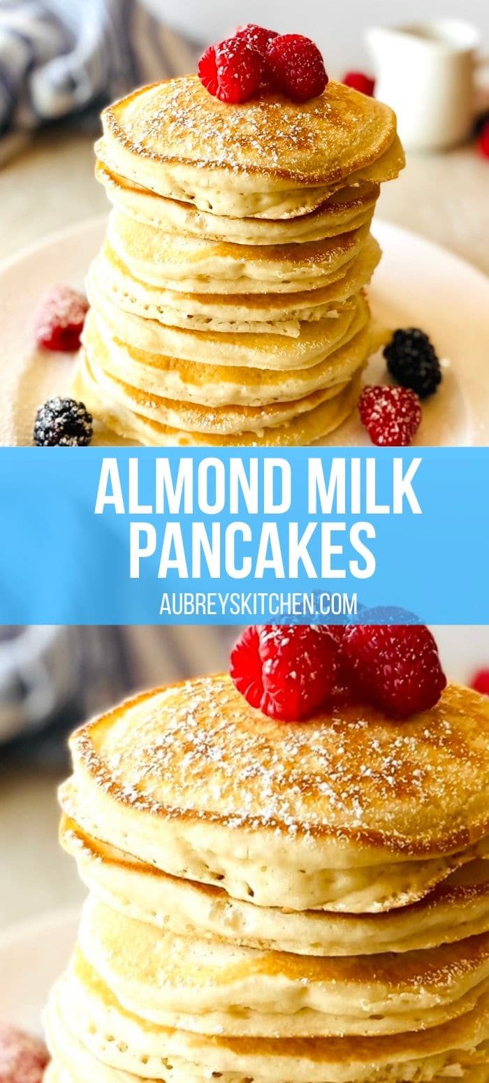 fluffy almond milk pancakes in a stack on a plate topped with raspberries