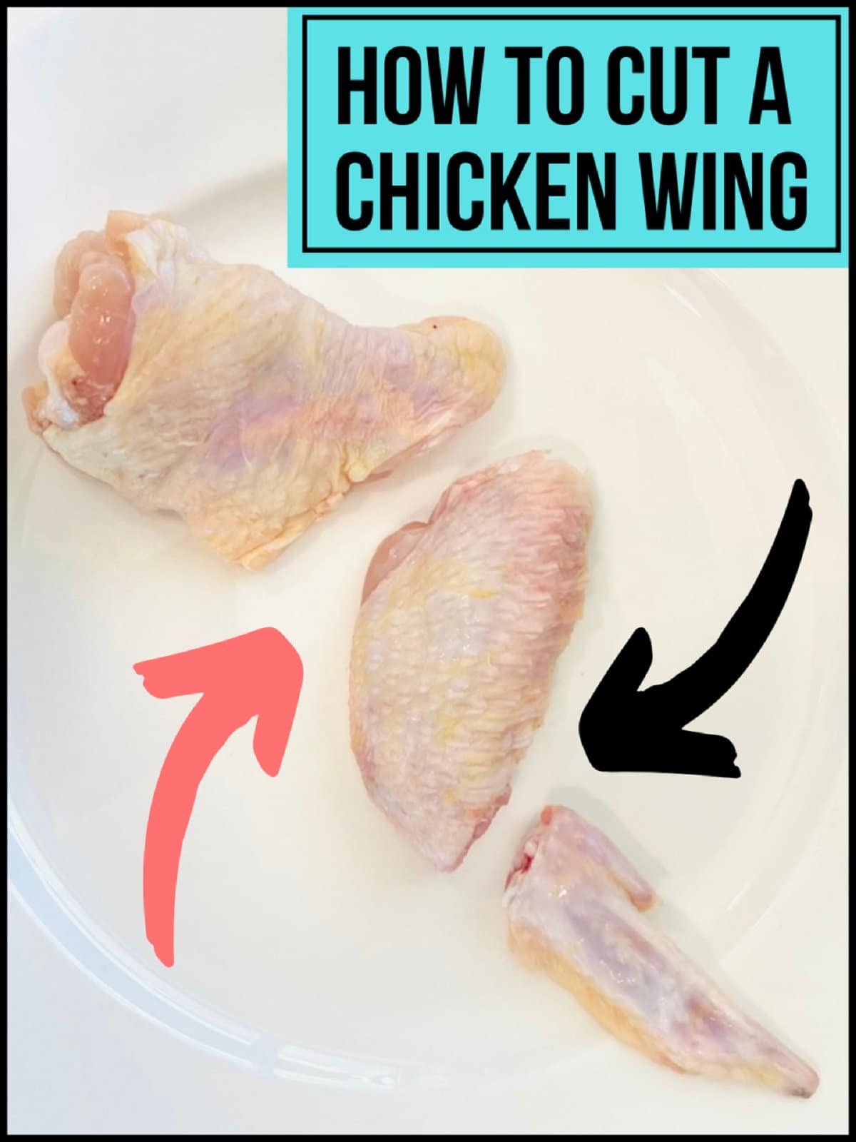 picture of raw chicken wing cut into wing flat and tip pieces