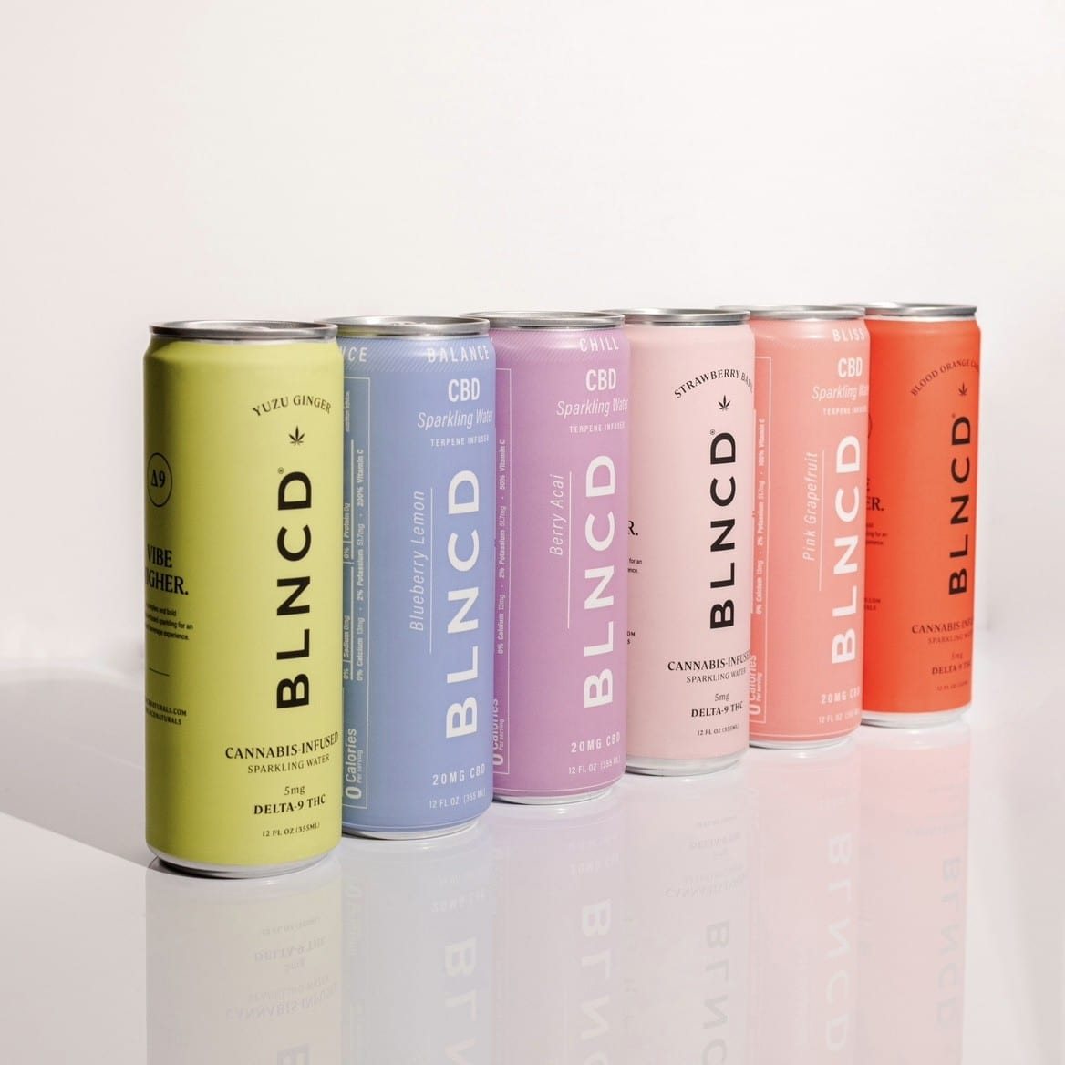 blncd cannabis drink cans in a row.