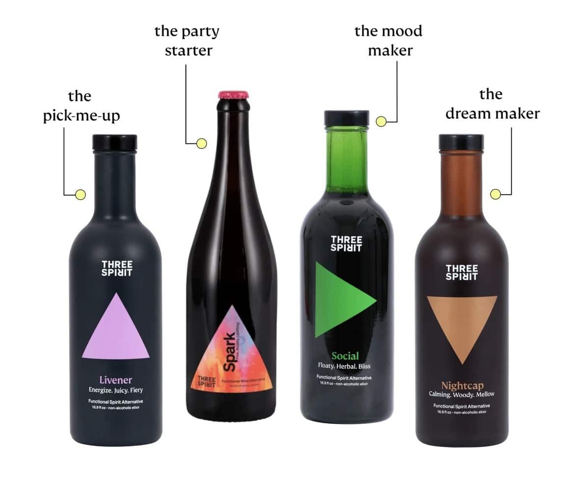 three spirits no alcohol mocktail different flavor bottles.