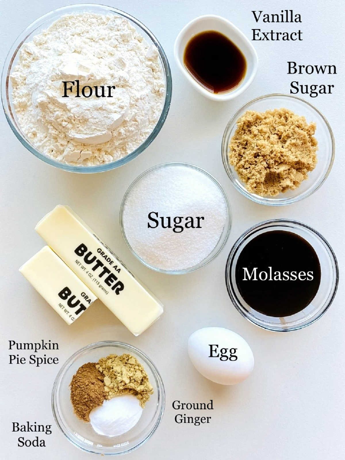 labeled photo of individual ingredients to make soft gingerbread cookies