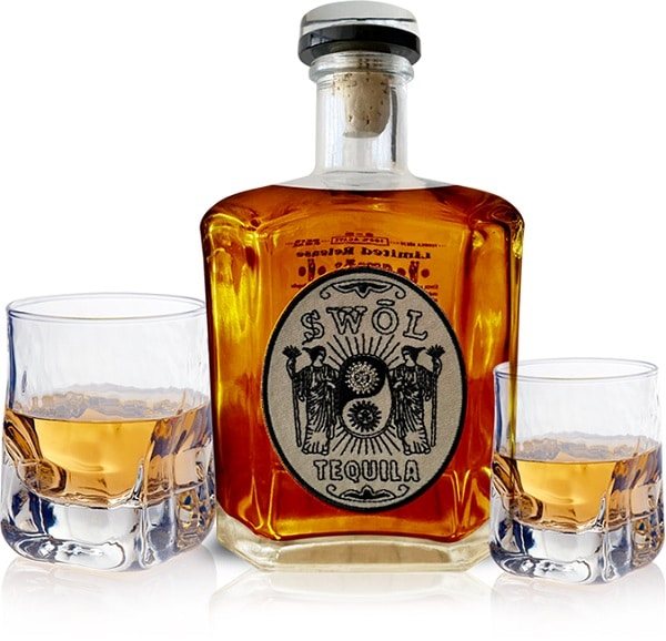 swol tequila next to 2 rocks glasses of tequila