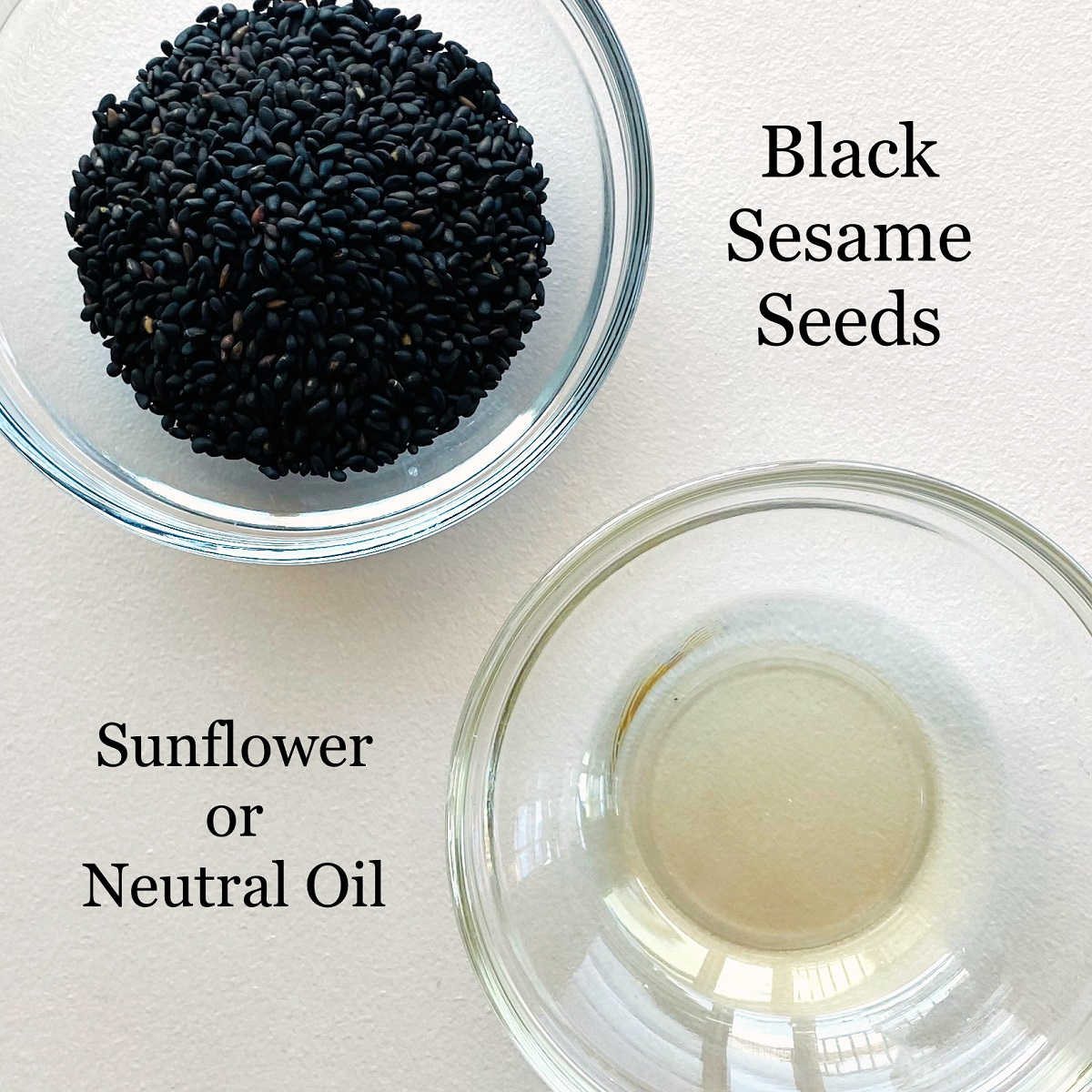 labeled photo of individual ingredients to make black sesame paste tahini