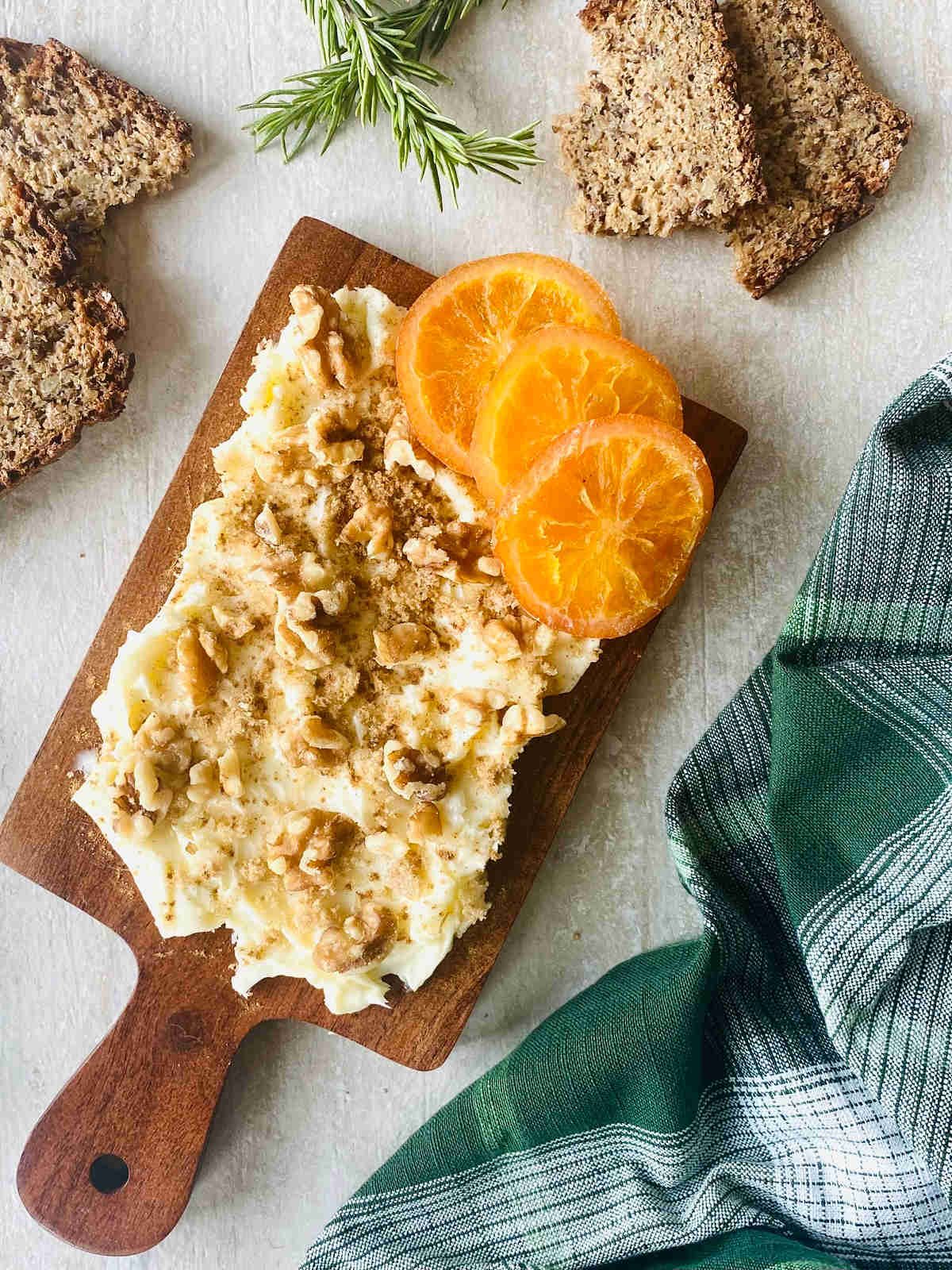 sweet butter board with walnut, brown sugar and candied oranges.