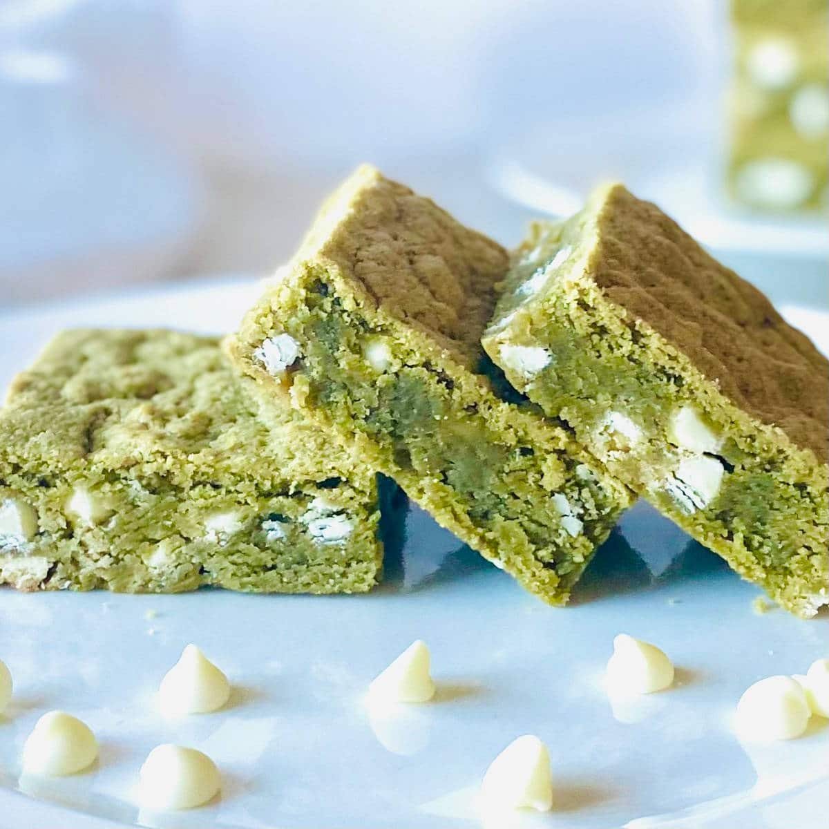 matcha brownies recipe laying on side with white chocolate chips