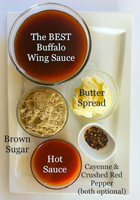 wing-sauce-in-bowl-and-all-ingredients-in-separate-bowls-brown-sugar-butter-hot-sauce-cayenne-crushed-red-pepper
