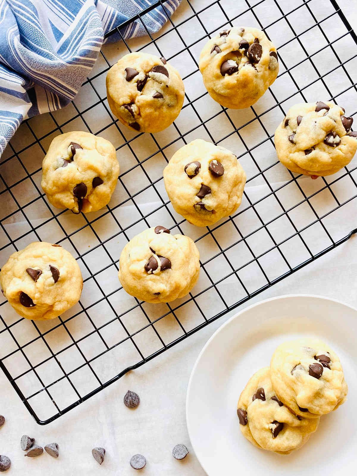 easy chocolate chip cookies without brown sugar cooling on a rack next to chocolate chips