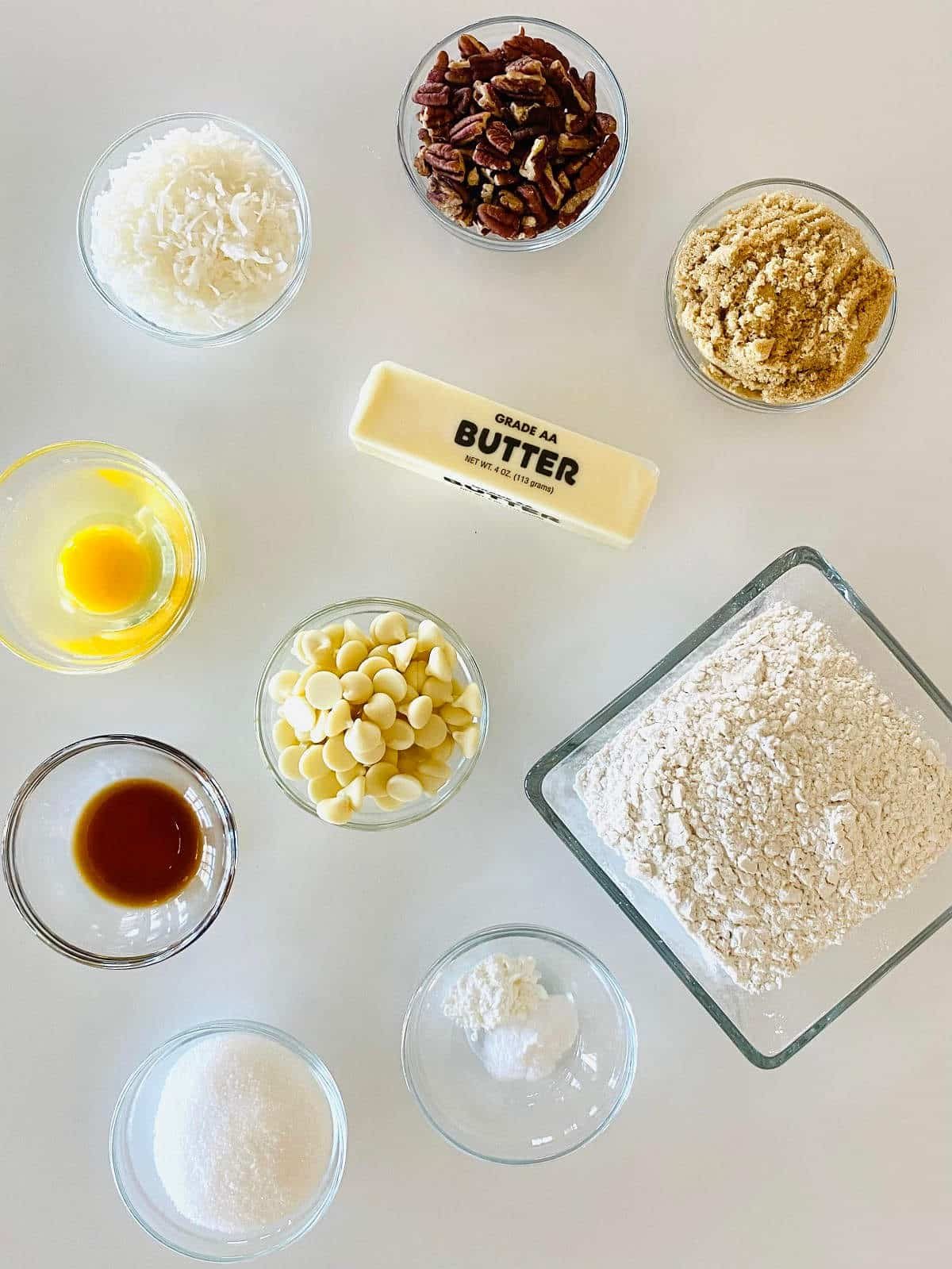 ingredients to make coconut pecan cookies.