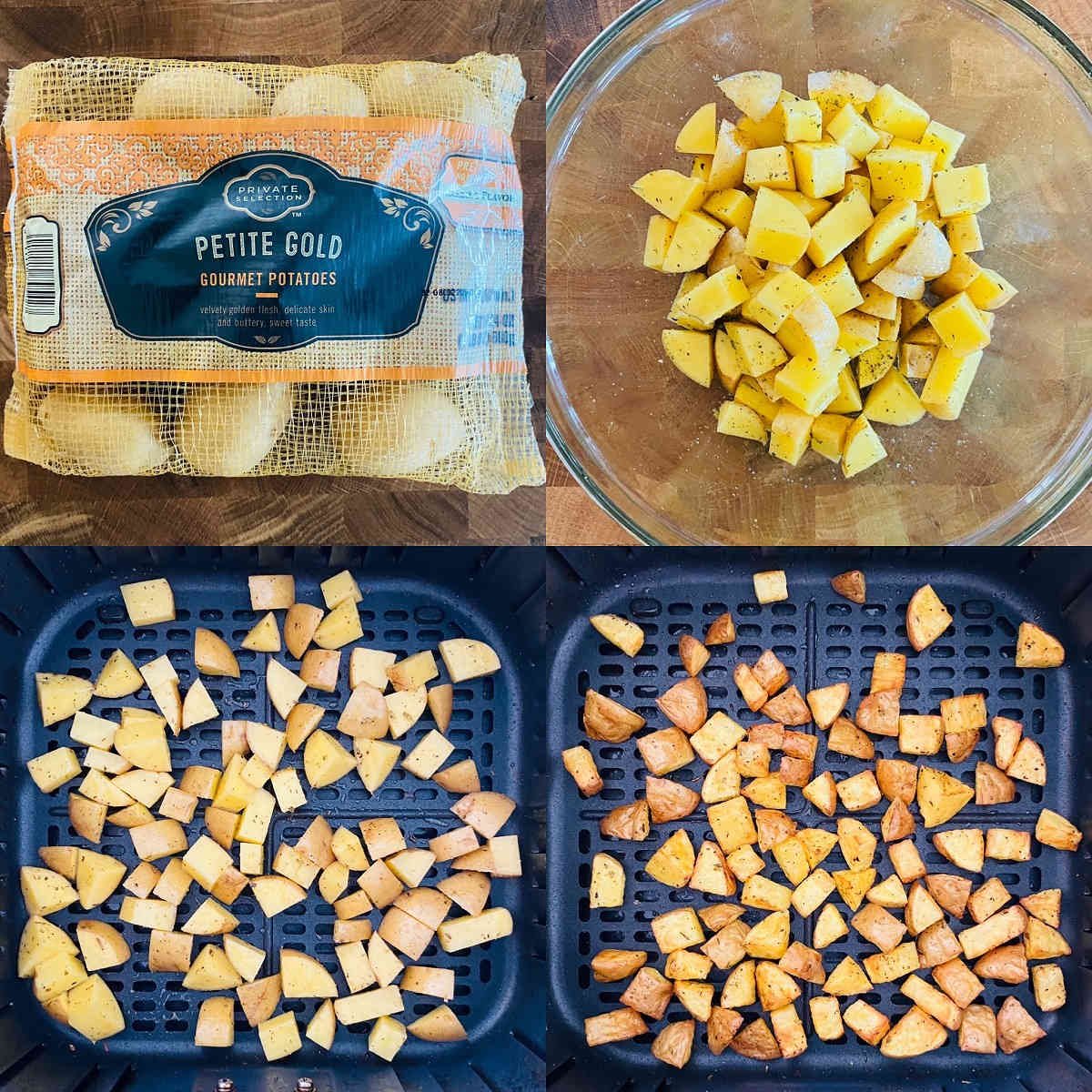 process shots 1 through 4 to make diced potatoes in air fryer