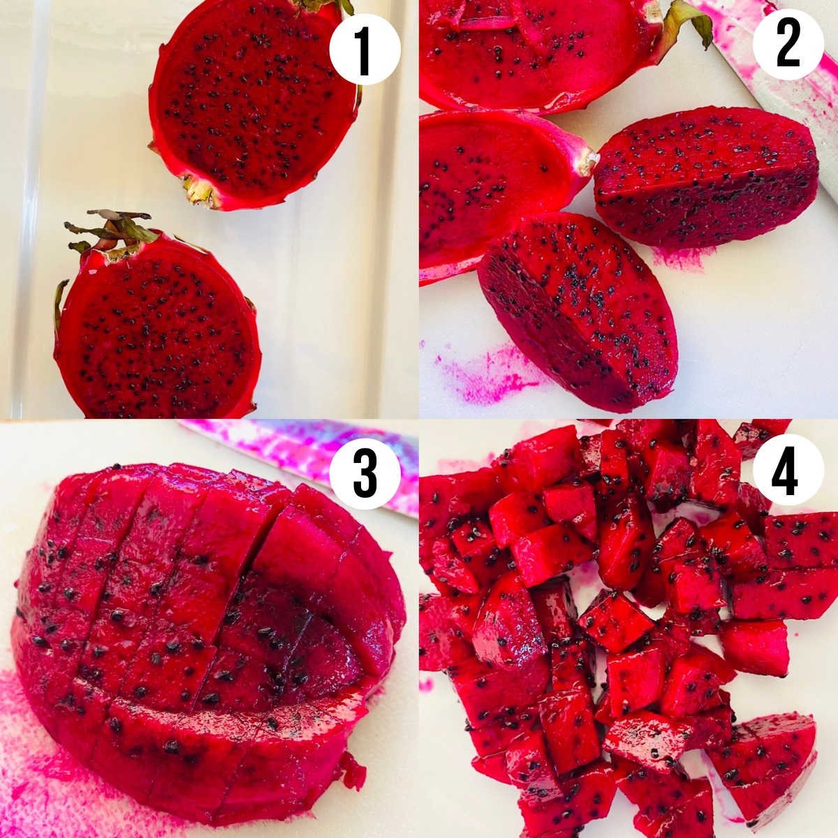 how to cut a dragon fruit process shots 1 though 4