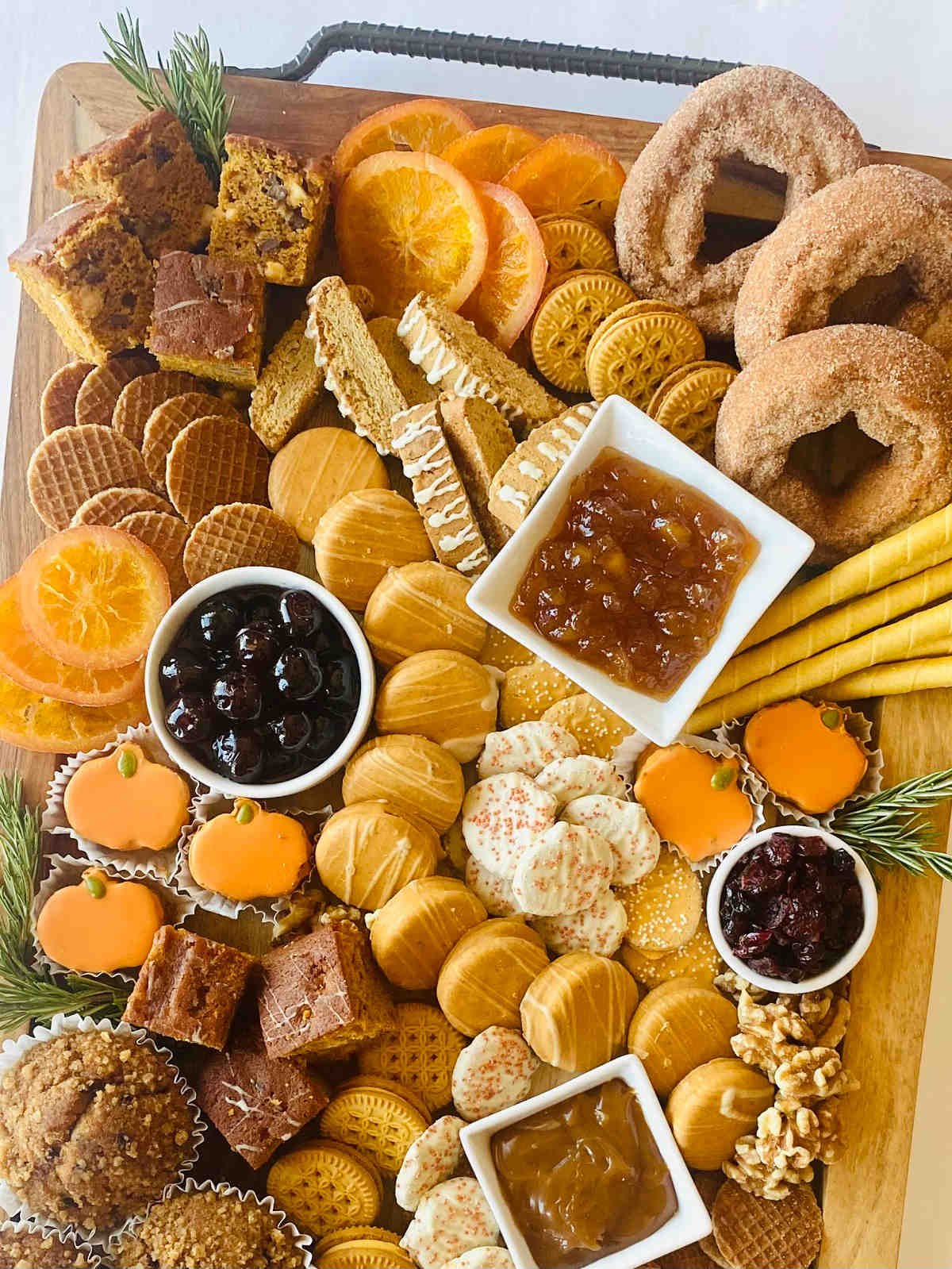 fall charcuterie on wooden board.