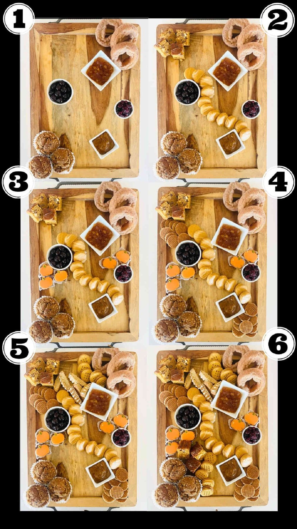 how to make fall charcuterie board labeled steps 1 through 6.