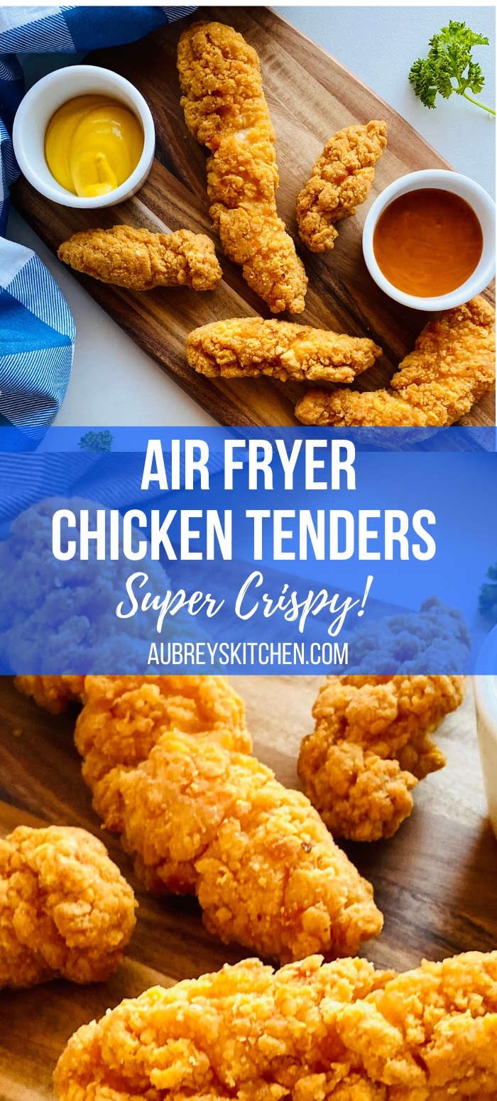 air fryer frozen chicken tenders on wooden board next to dipping sauces
