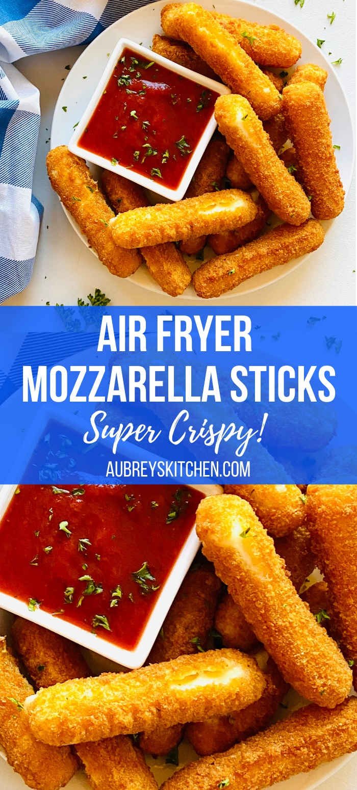 mozzarella sticks on a white pate next to a side dish or marinara sauce and a blue napkin
