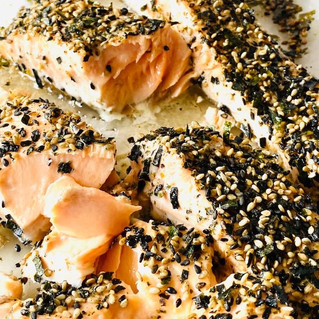 Furikake-Salmon-3-pieces-on-baking-dish