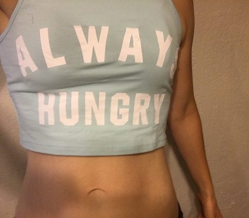 aubrey-wearing-crop-top-that-says-always-hungry