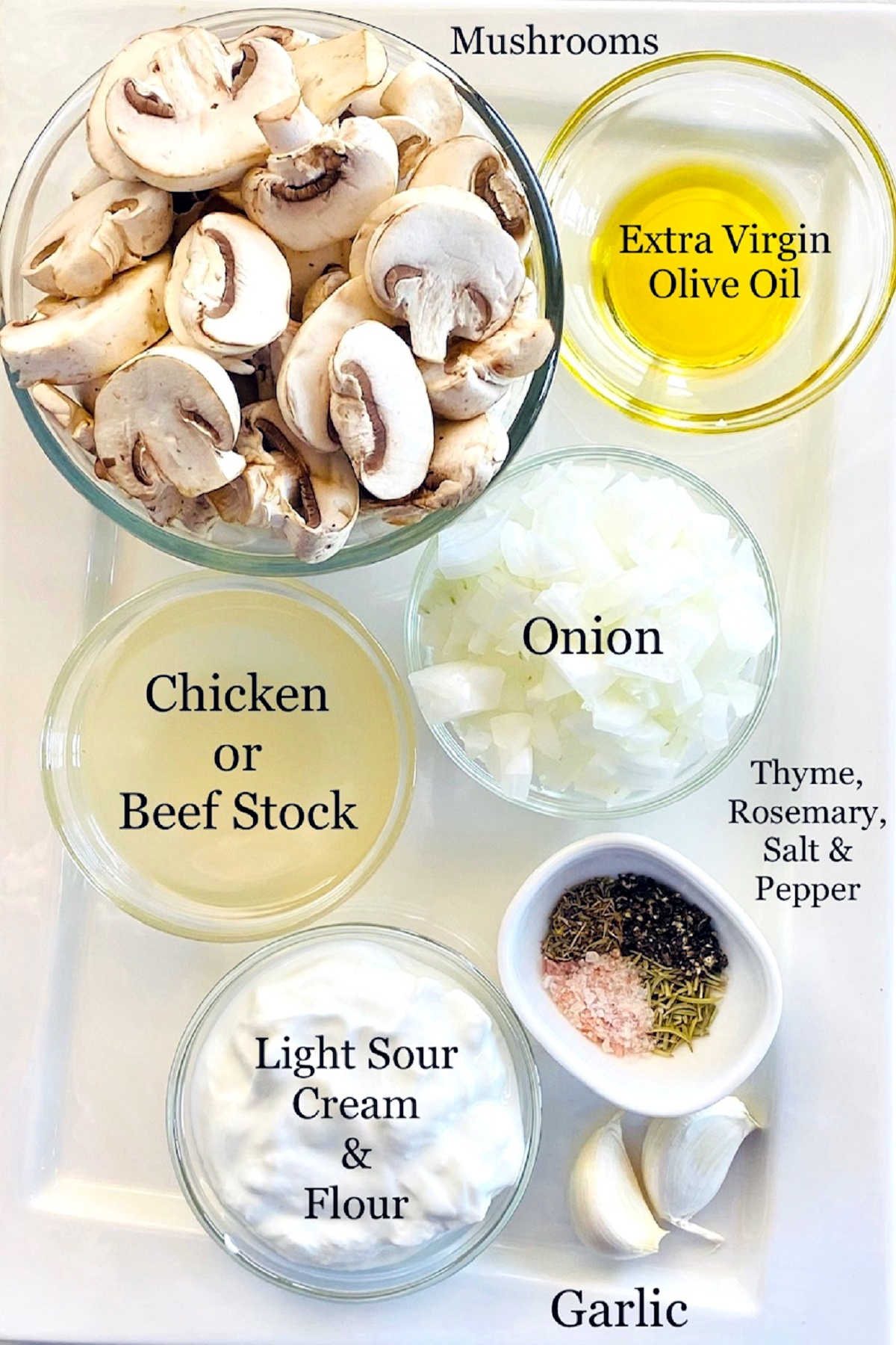Labeled photo of individual ingredients to make healthy mushroom soup