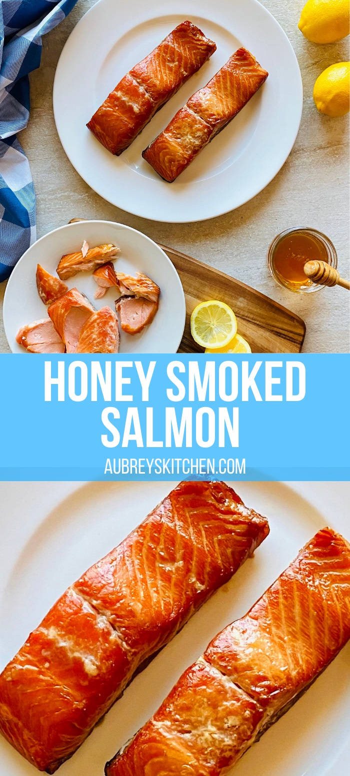 honey glazed smoked salmon on a plate next to honey and lemons