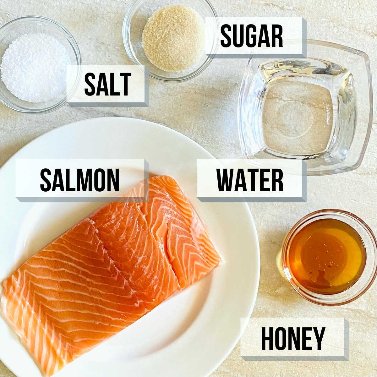 labeled photo of individual ingredients to make honey smoked salmon