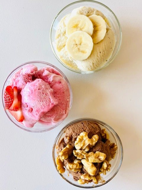 Strawberry-banana-chocolate-nice-cream-in-dishes