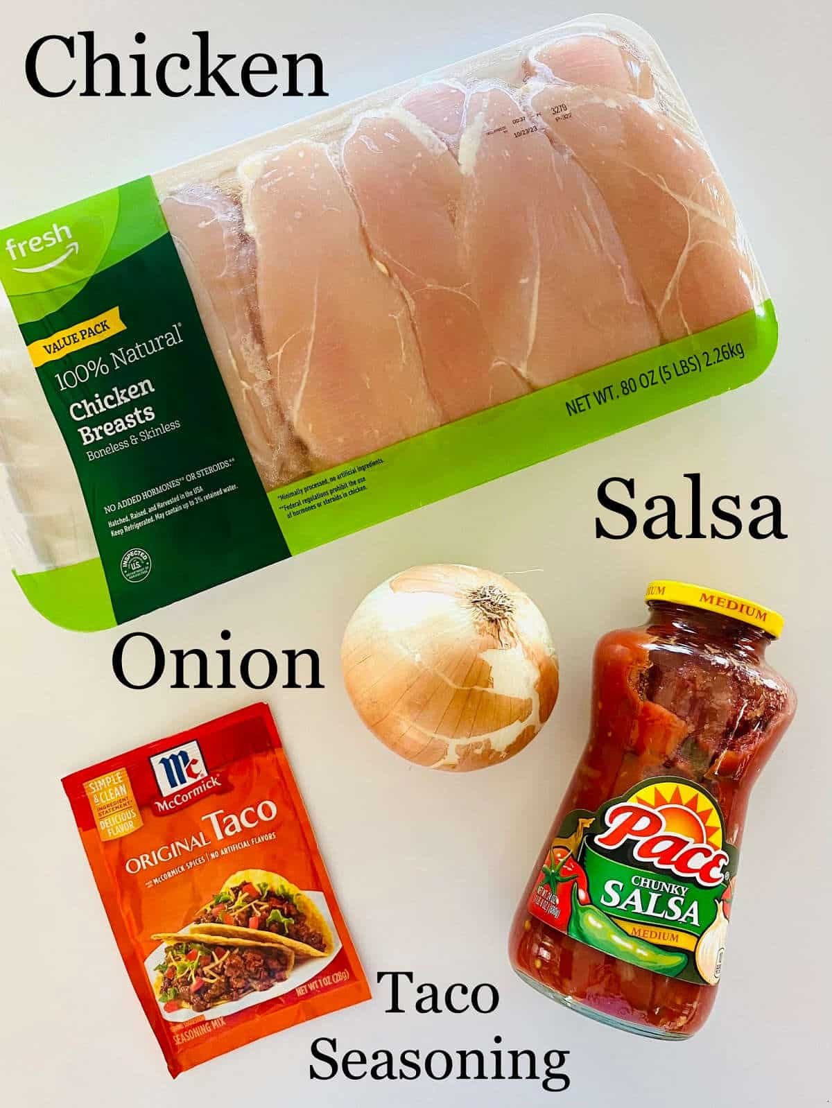 labeled ingredients for 4 ingredient instant pot salsa chicken.