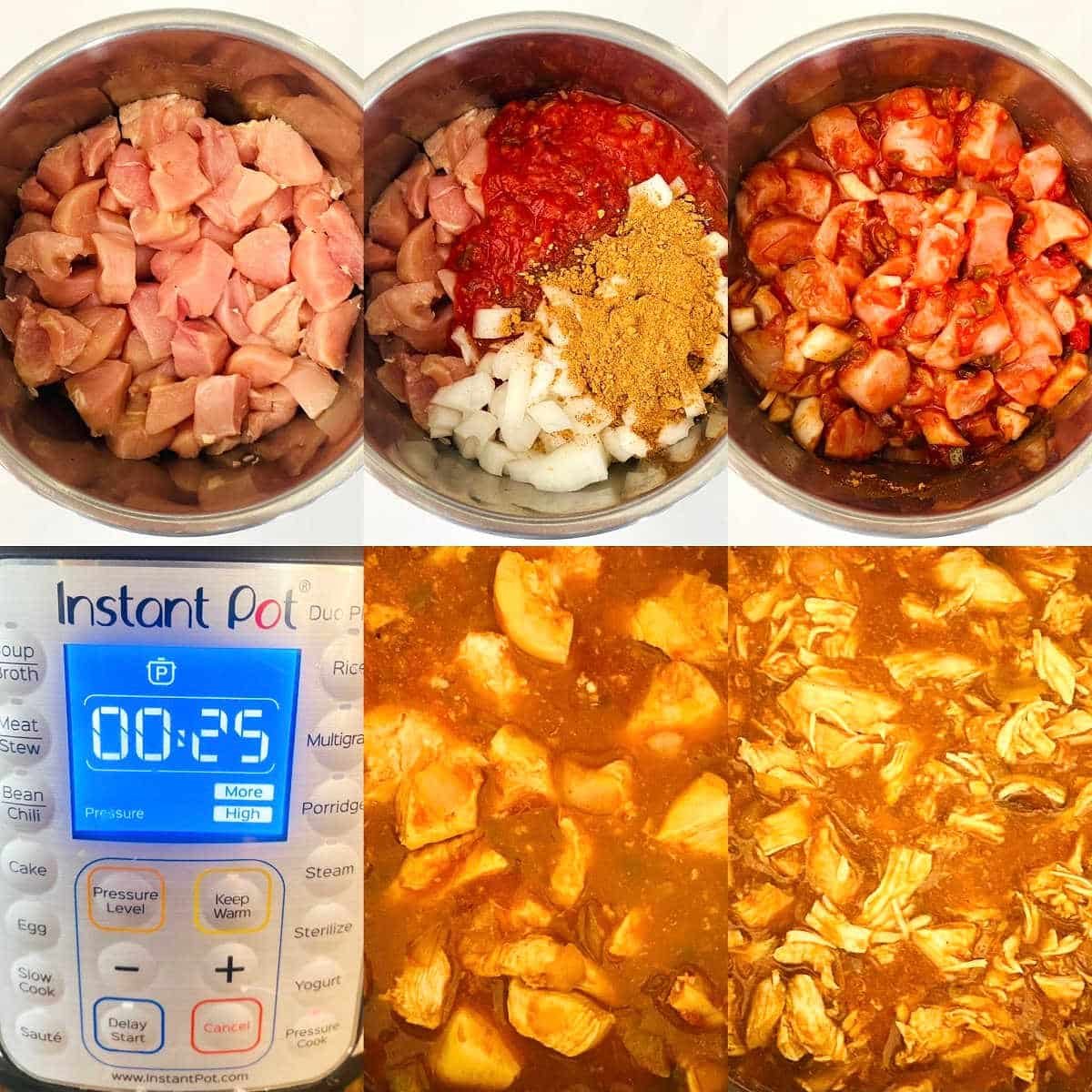 process shots for how to make 4 ingredient instant pot salsa chicken.