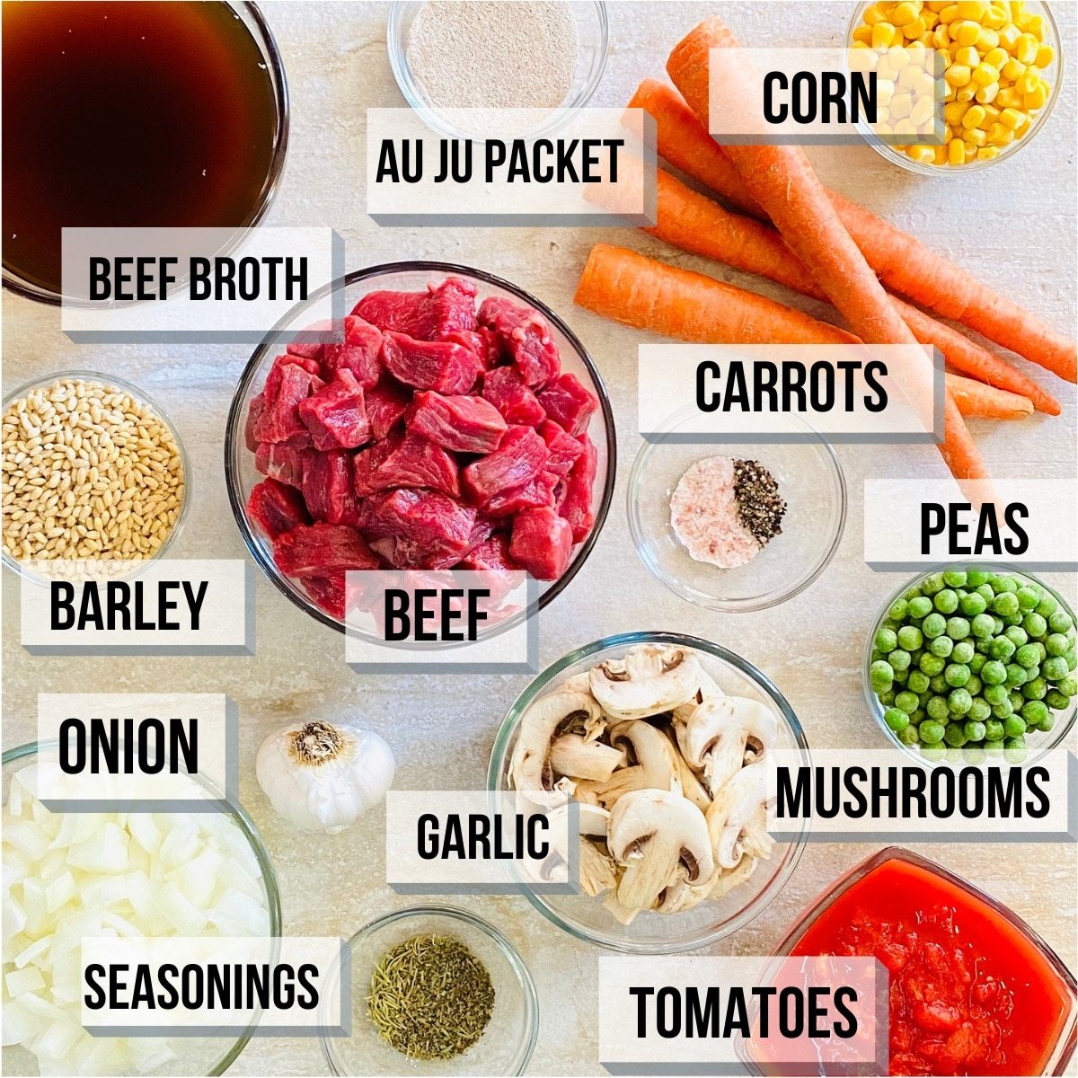 labeled photo of individual ingredients to make instant pot vegetable beef soup