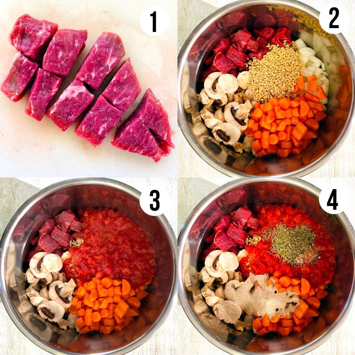 instant pot vegetable beef soup process shots 1 through 4