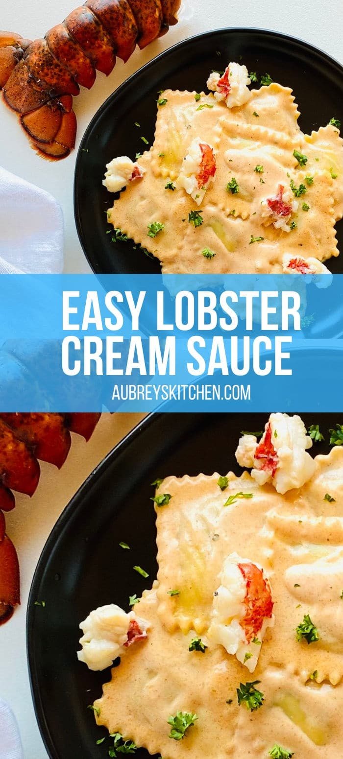 lobster ravioli sauce served over lobster ravioli next to a lobster tail