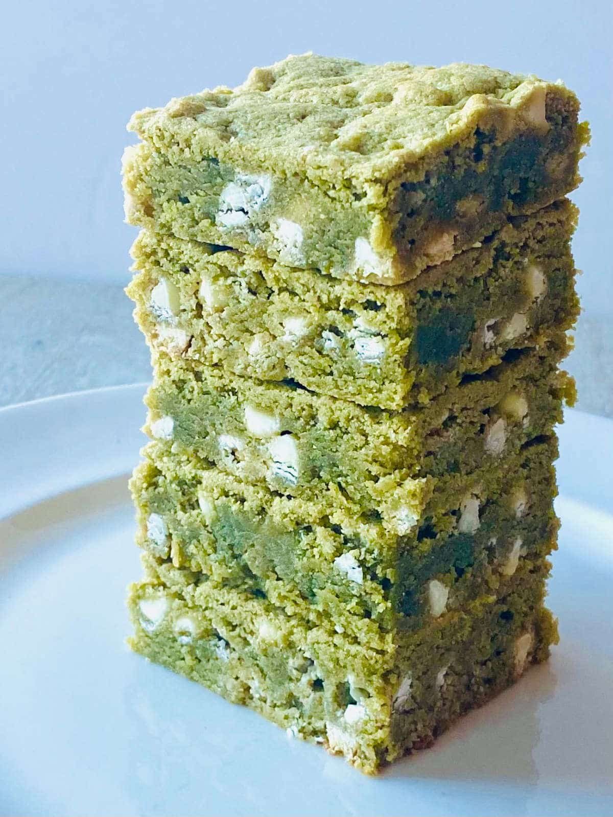 green tea brownies in a stack of 5