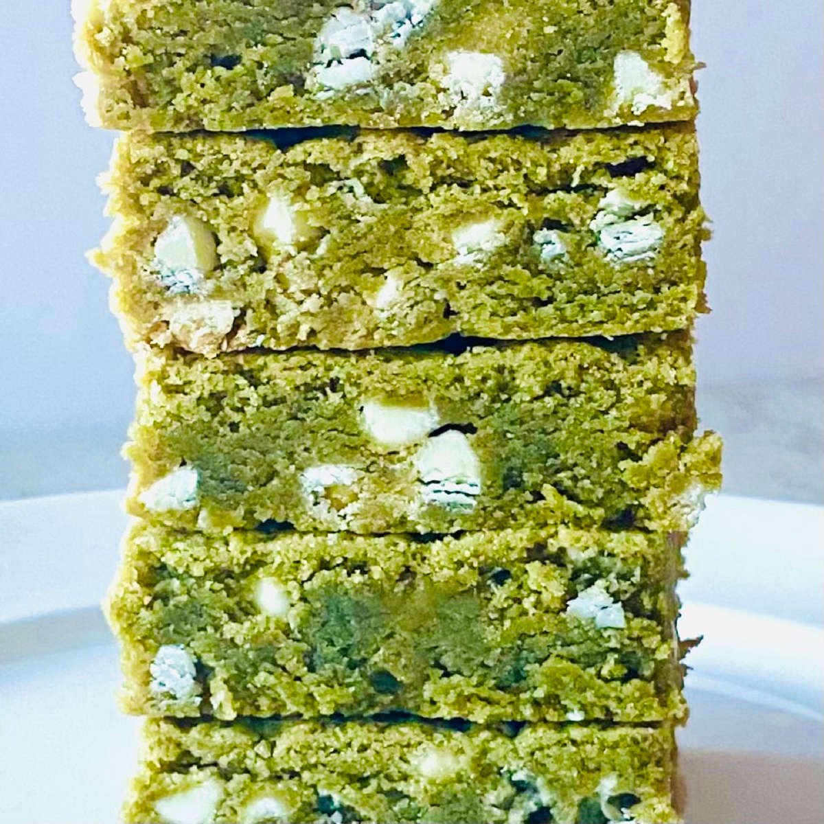 white chocolate matcha brownies close up