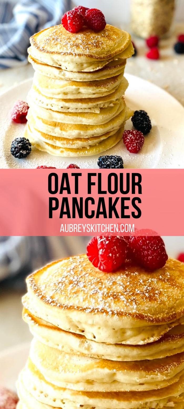 oat flour pancakes on a plate topped with fresh berries