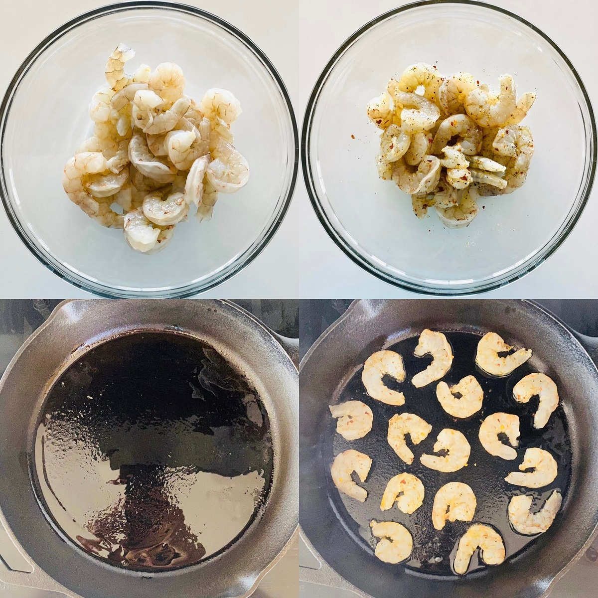process shots 1 through 4 on how to make pan seared shrimp.