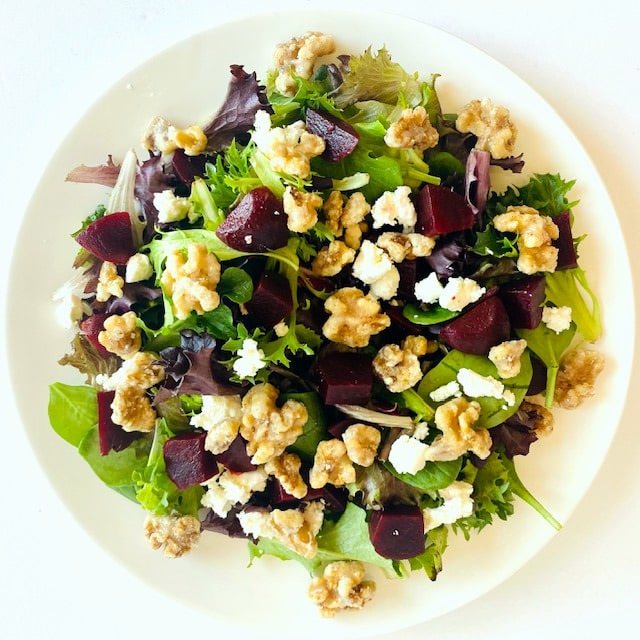 Roasted-Beet-Salad-with-Goat-Cheese-and-Candied-Walnuts-on-plate