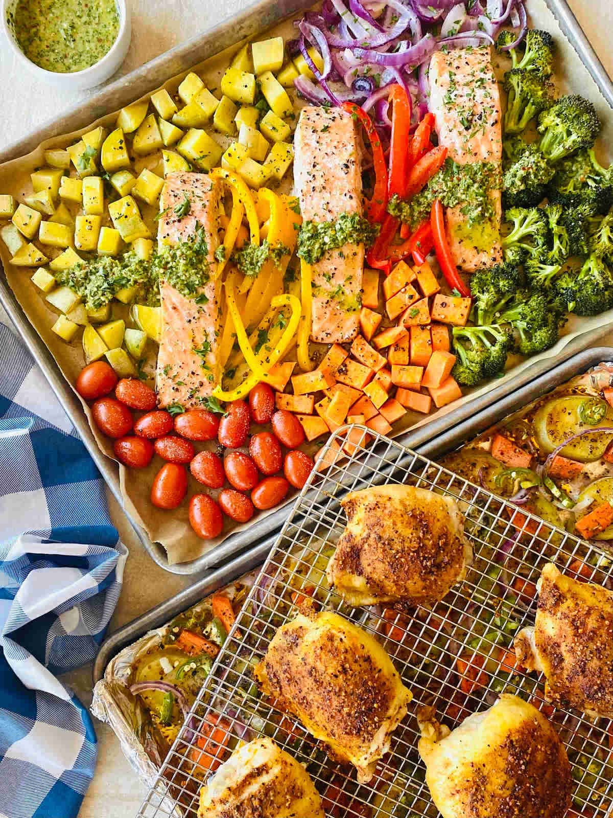 a salmon sheet pan dinner and a chicken thigh sheet pan dinner.