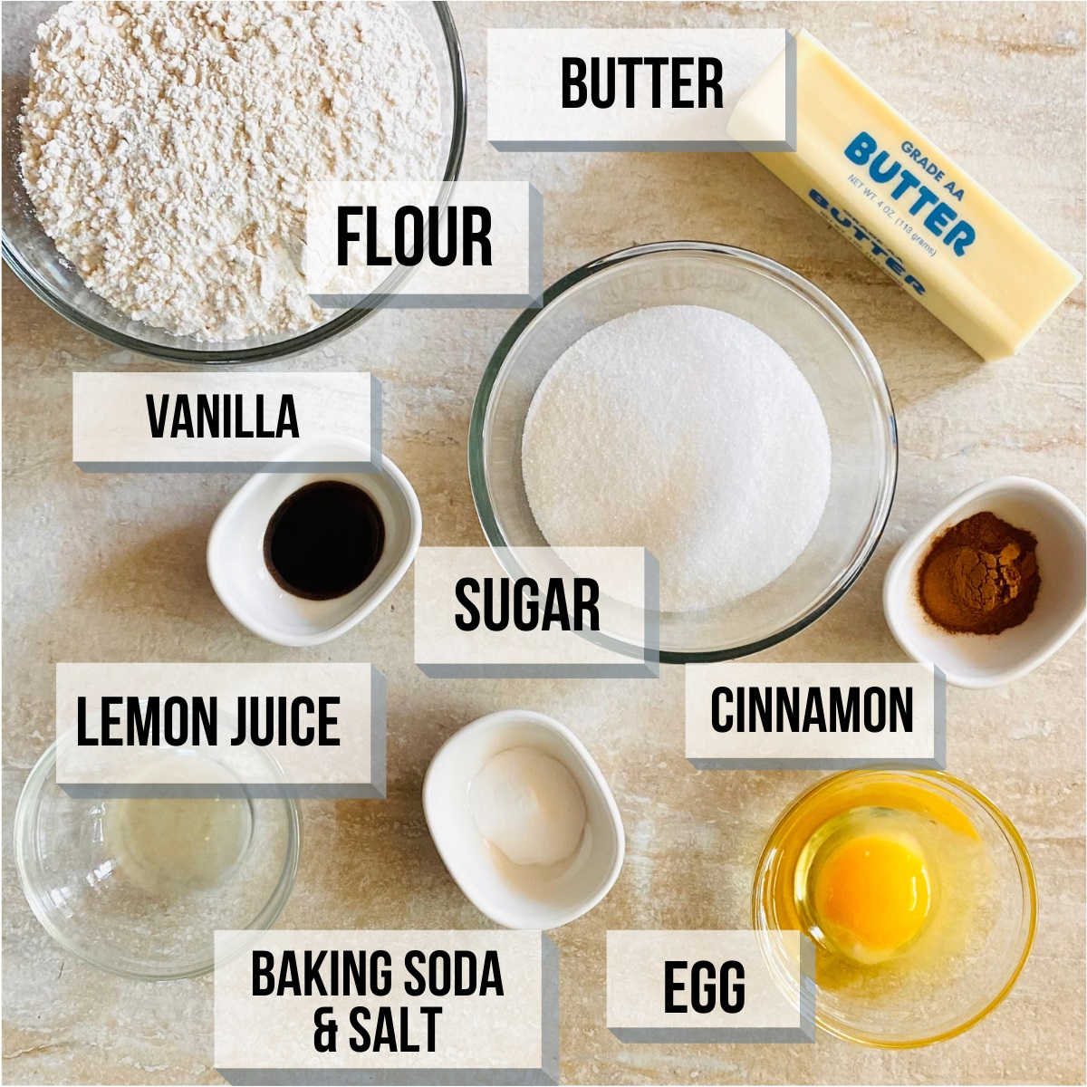labeled photo of individual ingredients to make snickerdoodles without cream of tartar