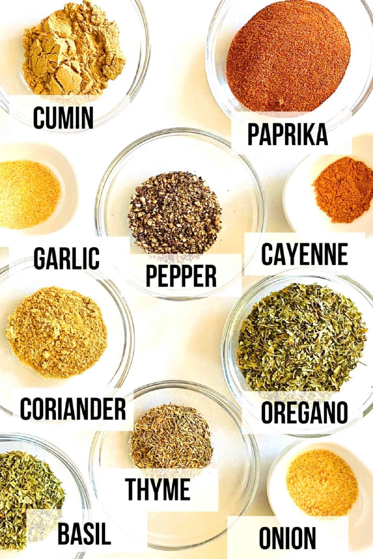 labeled photo of individual ingredients to make tempero baiano Brazilian spice blend
