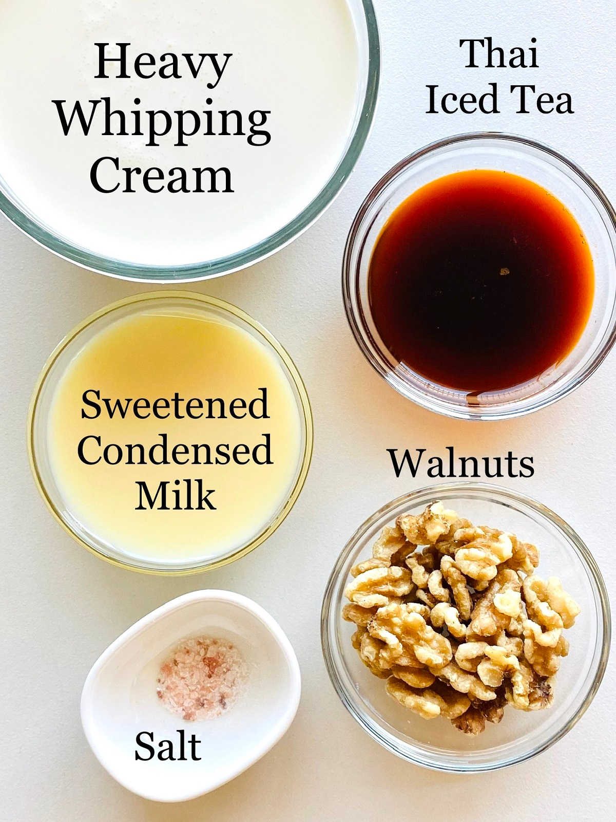 labeled photo of individual ingredients to make thai tea ice cream