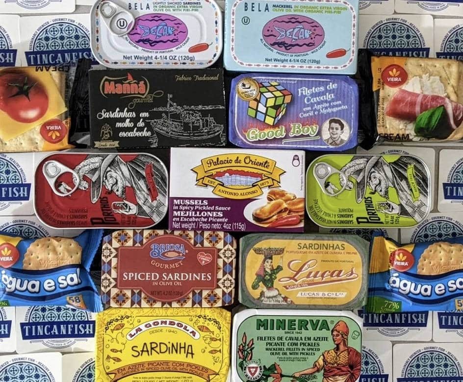 assortment of tinned fish.