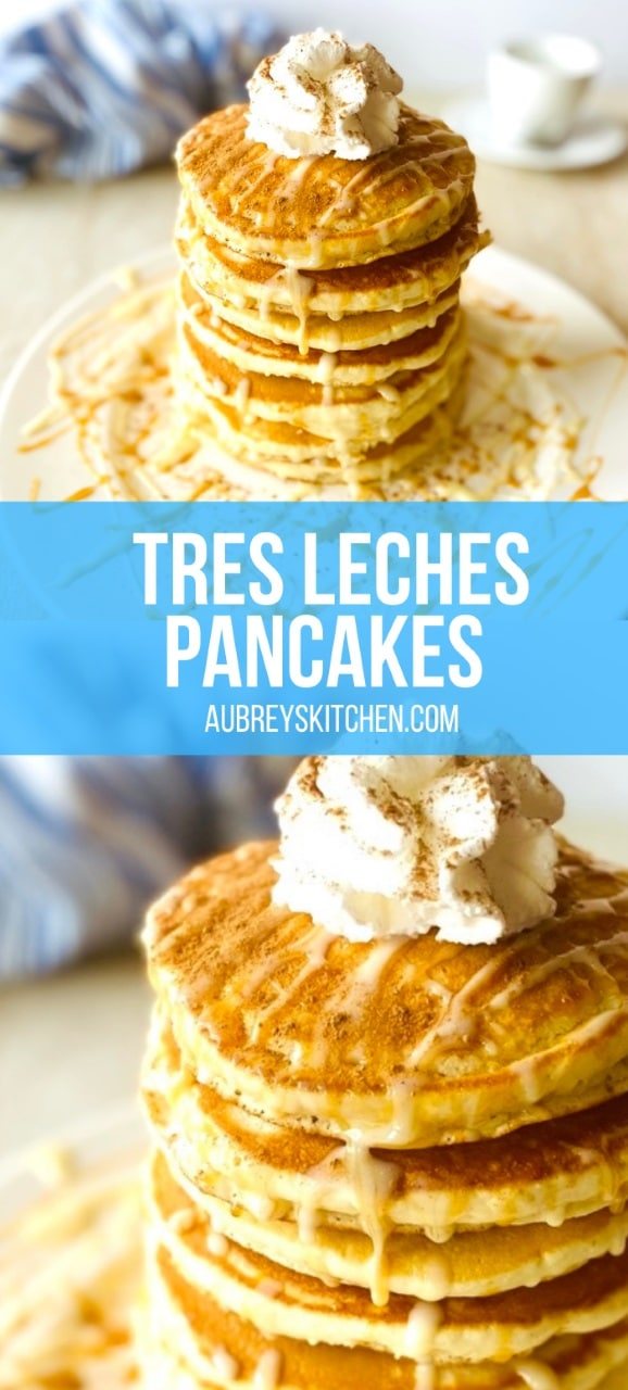 mexican tres leches pancakes ihop on a plate drizzled with tres leches syrup, caramel dulce de leche and whipped cream