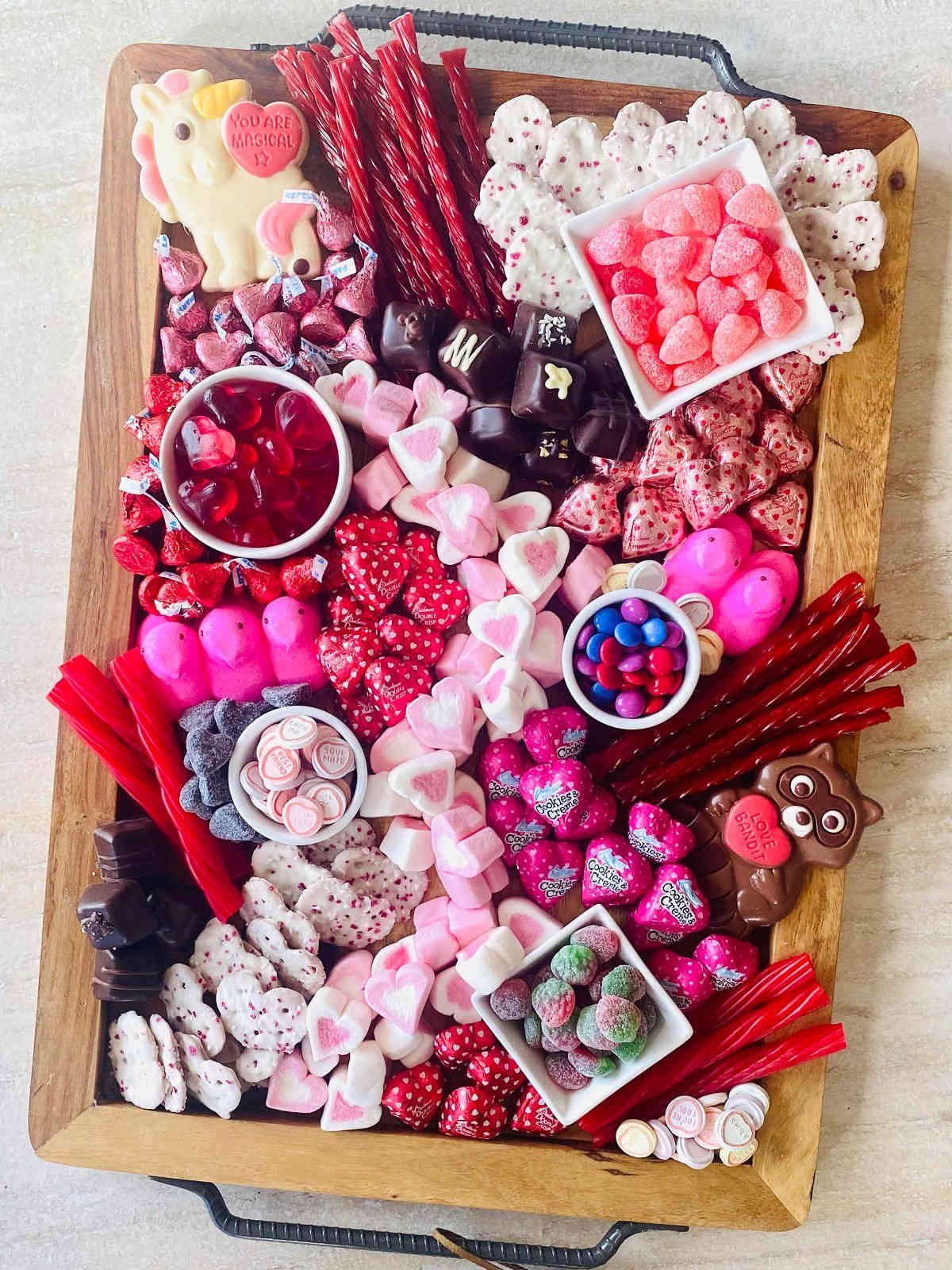 valentine’s charcuterie candy board.