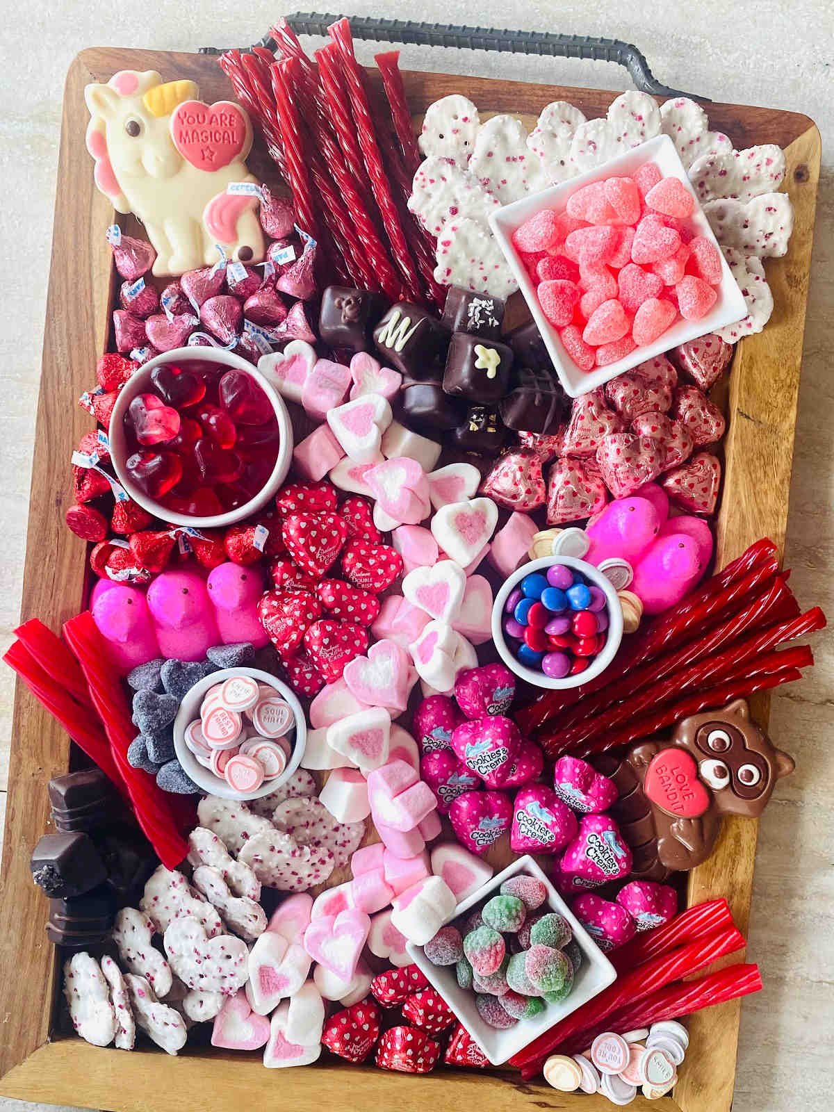 valentine’s charcuterie candy board.