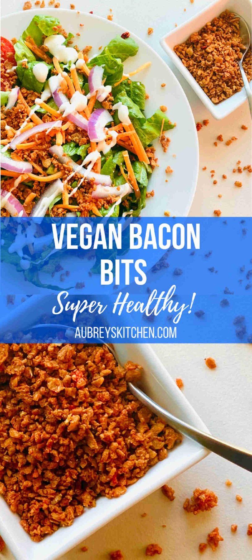 vegan bacon bits in white dish next to salad with ranch dressing and bacon bits
