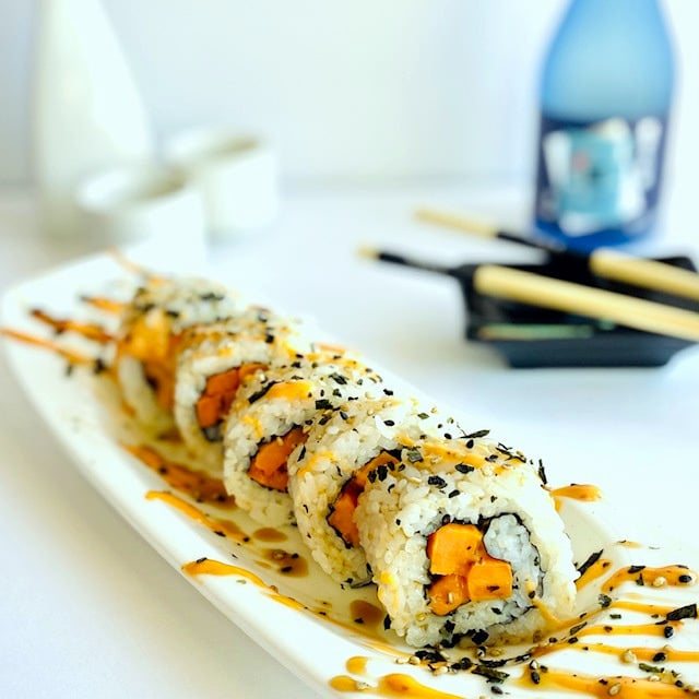 sweet-potato-roll-blue-sake-glass