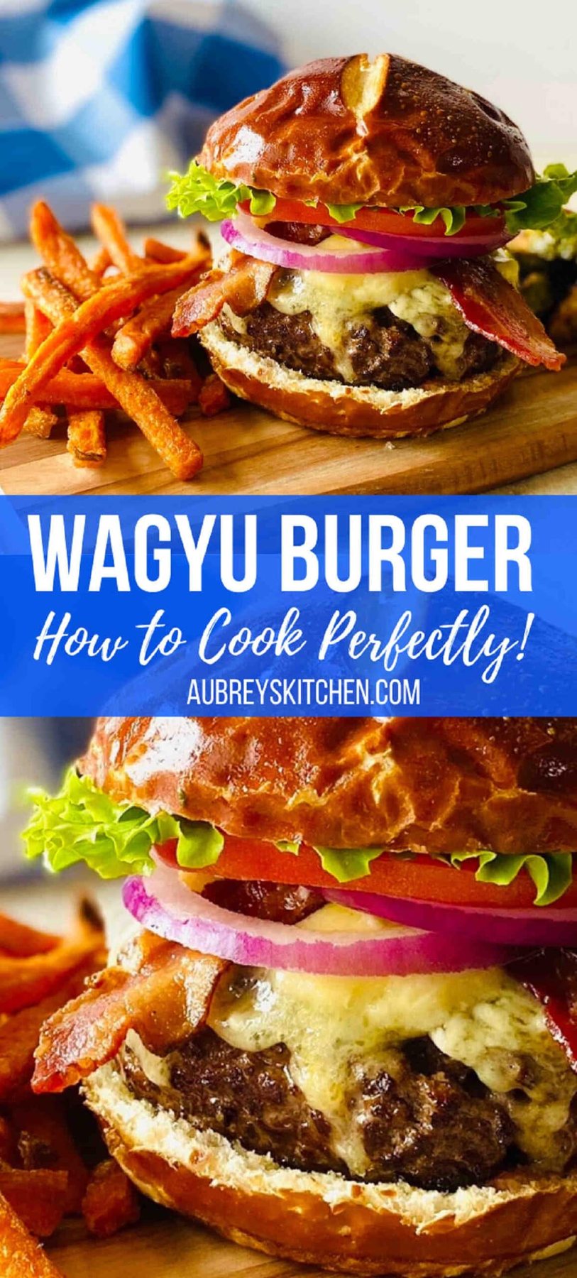 wagyu burgers on cutting board next to sweet potato fries