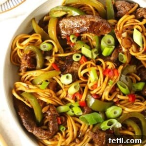 Close up of a big bowl of sticky beef stir fry with noodles, topped with spring onion and filled with veg.